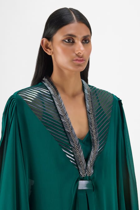 Amit Aggarwal Emerald Green V-, Open Beaded Metallic Structured Cape Online at Aza Fashions Amit Aggarwal_Emerald Green V-, Open Beaded Metallic Structured Cape _Online_at_Aza_Fashions
