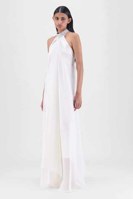Buy_Amit Aggarwal_Off White Organza, Polyester Halter Neck Metallic Fluid Dress _Online_at_Aza_Fashions