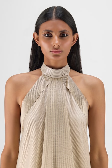 Amit Aggarwal Beige Organza, Polyester Halter Neck Metallic Fluid Dress Online at Aza Fashions Amit Aggarwal_Beige Organza, Polyester Halter Neck Metallic Fluid Dress _Online_at_Aza_Fashions