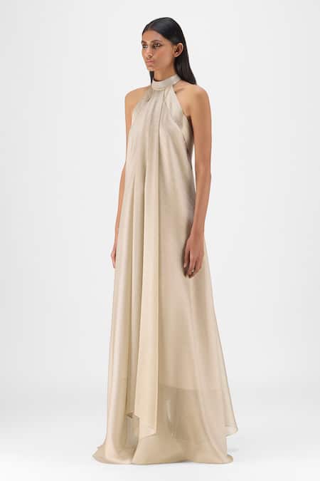 Buy Amit Aggarwal Beige Organza, Polyester Halter Neck Metallic Fluid Dress Online at Aza Fashions Buy_Amit Aggarwal_Beige Organza, Polyester Halter Neck Metallic Fluid Dress _Online_at_Aza_Fashions