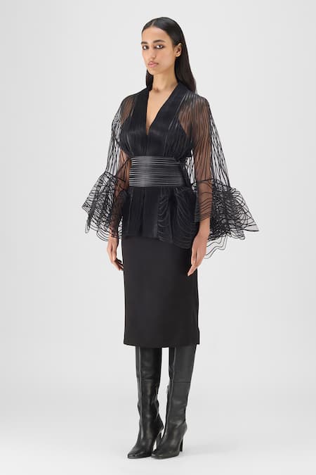 Amit Aggarwal_Black V-neck Metallic Corded Ruffle Cape Set _Online_at_Aza_Fashions