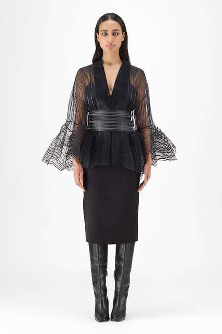 Amit Aggarwal Metallic Corded Ruffle Cape Set 