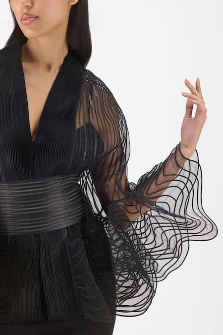 Buy_Amit Aggarwal_Black V-neck Metallic Corded Ruffle Cape Set _Online_at_Aza_Fashions