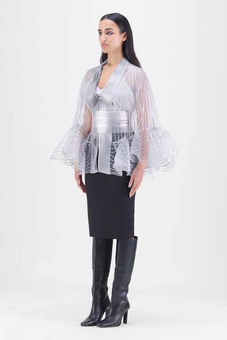 Amit Aggarwal_Grey V-neck Metallic Corded Ruffle Cape _Online_at_Aza_Fashions