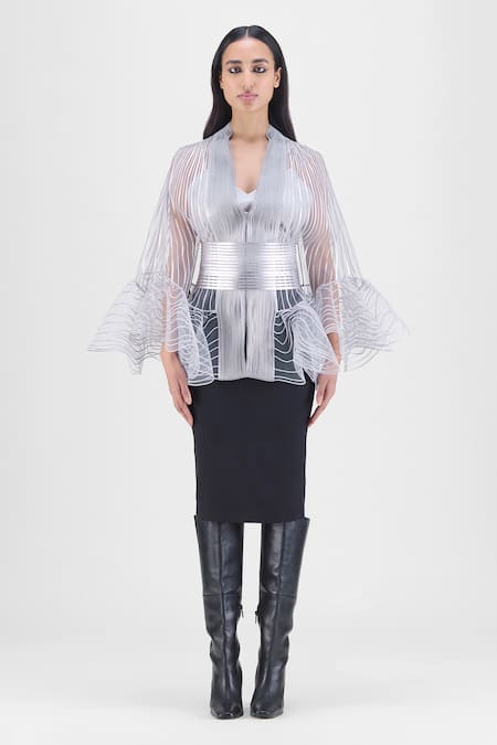 Buy_Amit Aggarwal_Grey V-neck Metallic Corded Ruffle Cape _Online_at_Aza_Fashions