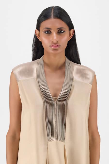 Amit Aggarwal Beige Chiffon, Polyester V-neck Metallic Layered Dress Online at Aza Fashions Amit Aggarwal_Beige Chiffon, Polyester V-neck Metallic Layered Dress _Online_at_Aza_Fashions