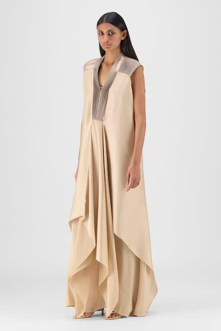 Buy Amit Aggarwal Beige Chiffon, Polyester V-neck Metallic Layered Dress Online at Aza Fashions Buy_Amit Aggarwal_Beige Chiffon, Polyester V-neck Metallic Layered Dress _Online_at_Aza_Fashions