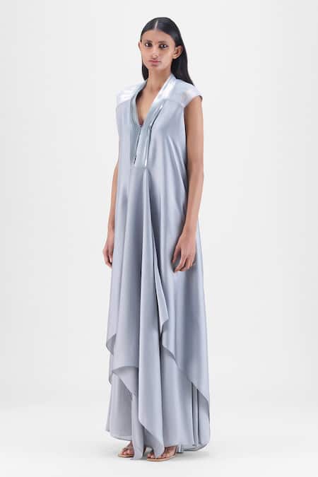 Amit Aggarwal_Gray Chiffon, Polyester V-neck Metallic Layered Dress _Online_at_Aza_Fashions