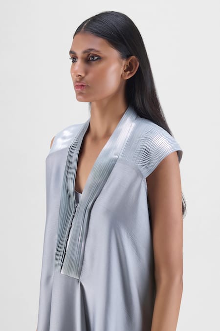 Buy_Amit Aggarwal_Gray Chiffon, Polyester V-neck Metallic Layered Dress _Online_at_Aza_Fashions