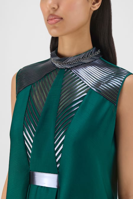 Amit Aggarwal Emerald Green Chiffon, Polyester Beads, Metallic Thread Beaded Panelled Dress Online at Aza Fashions Amit Aggarwal_Emerald Green Chiffon, Polyester Beads, Metallic Thread Beaded Panelled Dress _Online_at_Aza_Fashions