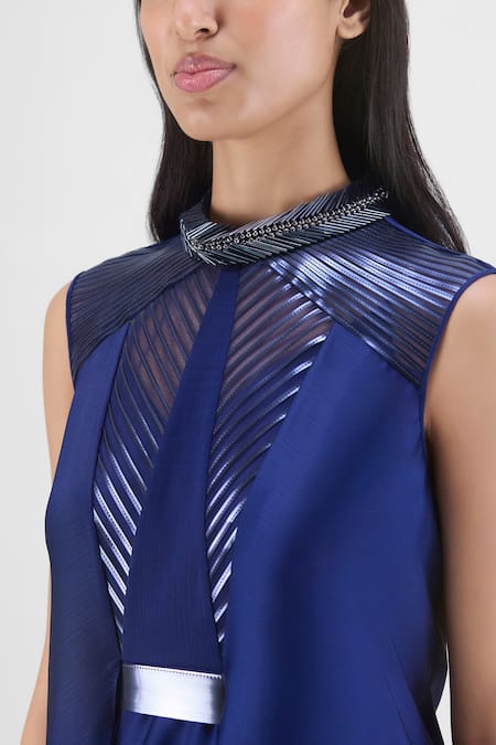 Amit Aggarwal_Navy Chiffon, Polyester Beads High Neck Metallic Panelled Dress _Online_at_Aza_Fashions