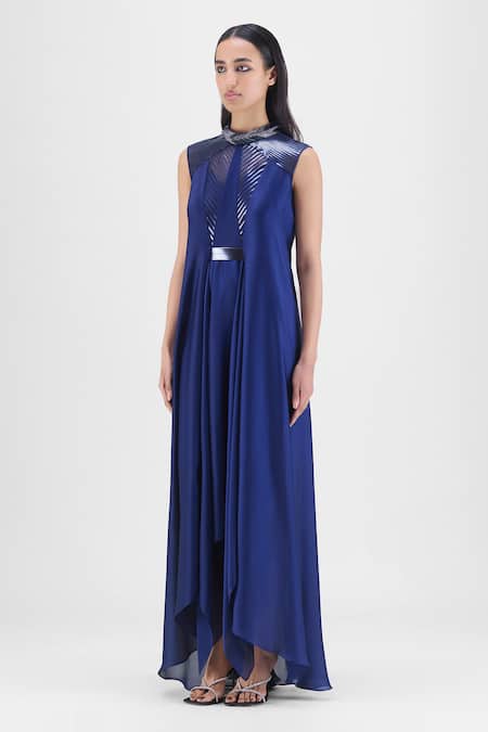 Buy_Amit Aggarwal_Navy Chiffon, Polyester Beads High Neck Metallic Panelled Dress _Online_at_Aza_Fashions