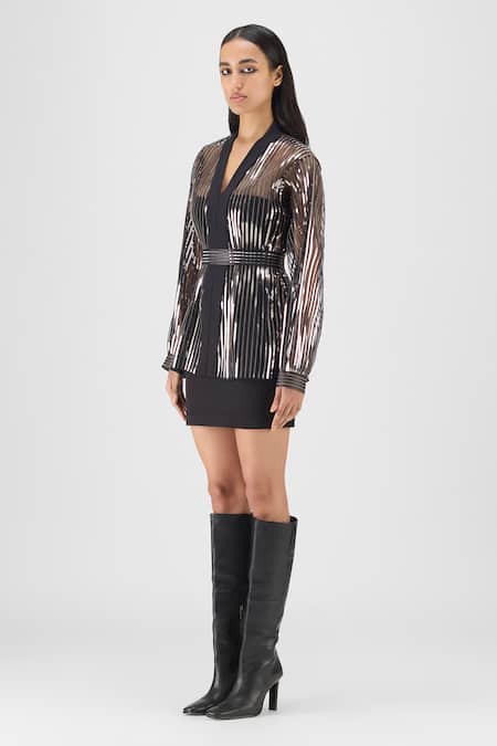 Amit Aggarwal Black V-neck Metallic Structured Cape Set Online at Aza Fashions Amit Aggarwal_Black V-neck Metallic Structured Cape Set _Online_at_Aza_Fashions