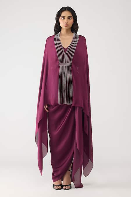 Buy Amit Aggarwal Purple Satin, Chiffon, Polyester V-neck Crystalvein Cape With Skirt Online at Aza Fashions Buy_Amit Aggarwal_Purple Satin, Chiffon, Polyester V-neck Crystalvein Cape With Skirt _Online_at_Aza_Fashions