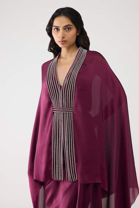 Shop Amit Aggarwal Purple Satin, Chiffon, Polyester V-neck Crystalvein Cape With Skirt Online at Aza Fashions Shop_Amit Aggarwal_Purple Satin, Chiffon, Polyester V-neck Crystalvein Cape With Skirt _Online_at_Aza_Fashions