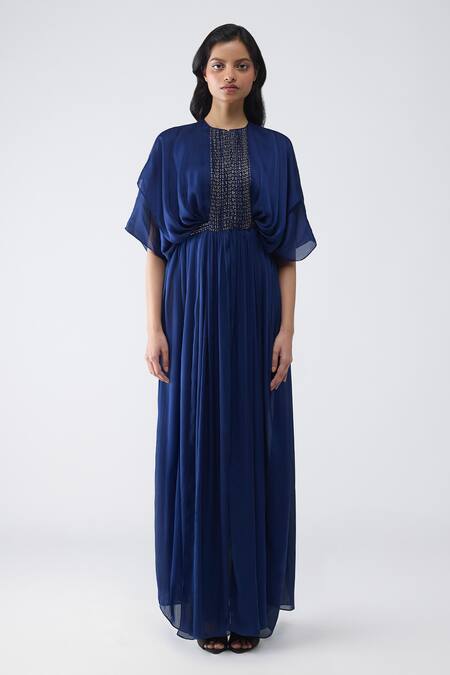 Amit Aggarwal Blue Satin, Chiffon, Brocade Zari Round Neck Layered Pleated Dress Online at Aza Fashions Amit Aggarwal_Blue Satin, Chiffon, Brocade Zari Round Neck Layered Pleated Dress _Online_at_Aza_Fashions