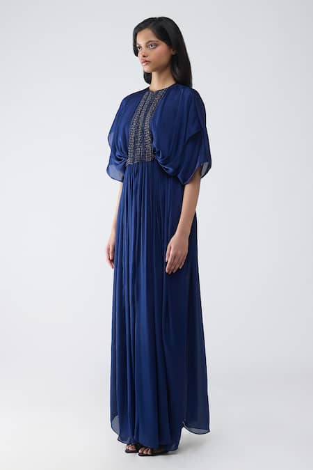 Buy Amit Aggarwal Blue Satin, Chiffon, Brocade Zari Round Neck Layered Pleated Dress Online at Aza Fashions Buy_Amit Aggarwal_Blue Satin, Chiffon, Brocade Zari Round Neck Layered Pleated Dress _Online_at_Aza_Fashions