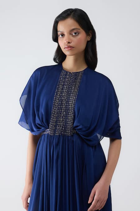 Shop Amit Aggarwal Blue Satin, Chiffon, Brocade Zari Round Neck Layered Pleated Dress Online at Aza Fashions Shop_Amit Aggarwal_Blue Satin, Chiffon, Brocade Zari Round Neck Layered Pleated Dress _Online_at_Aza_Fashions