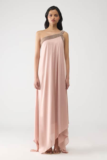 Buy Amit Aggarwal Rose Gold Satin, Chiffon, Polyester Crystals, Rhinestones One Shoulder Dress Online at Aza Fashions Buy_Amit Aggarwal_Rose Gold Satin, Chiffon, Polyester Crystals, Rhinestones One Shoulder Dress _Online_at_Aza_Fashions