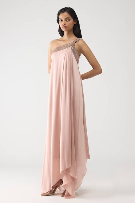 Shop Amit Aggarwal Rose Gold Satin, Chiffon, Polyester Crystals, Rhinestones One Shoulder Dress Online at Aza Fashions Shop_Amit Aggarwal_Rose Gold Satin, Chiffon, Polyester Crystals, Rhinestones One Shoulder Dress _Online_at_Aza_Fashions