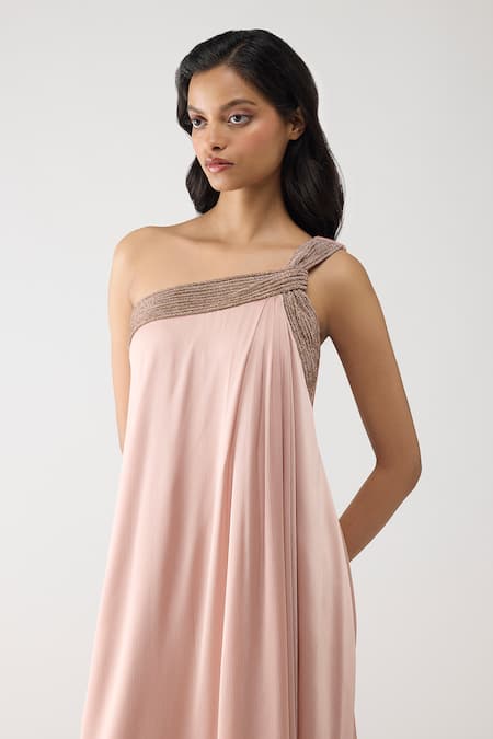 Amit Aggarwal Rose Gold Satin, Chiffon, Polyester Crystals, Rhinestones One Shoulder Dress at Aza Fashions Amit Aggarwal_Rose Gold Satin, Chiffon, Polyester Crystals, Rhinestones One Shoulder Dress _at_Aza_Fashions