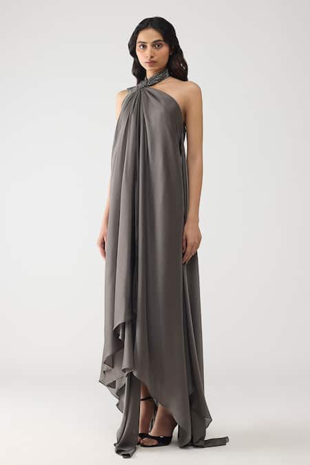 Amit Aggarwal_Gray Satin, Chiffon, Polyester Crystals Halter Neck Crstalvein Dress _Online_at_Aza_Fashions