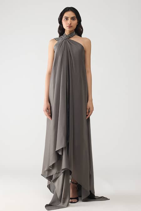 Buy_Amit Aggarwal_Gray Satin, Chiffon, Polyester Crystals Halter Neck Crstalvein Dress _Online_at_Aza_Fashions