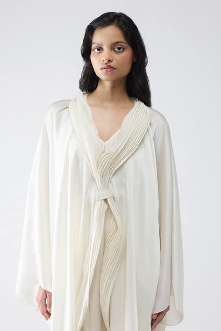 Buy_Amit Aggarwal_White Satin, Chiffon Open Neck Micro Pleated Cape Pant Set _Online_at_Aza_Fashions
