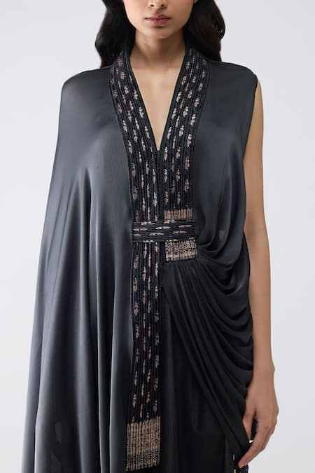 Amit Aggarwal Black Satin, Chiffon, Polyester Embroidery, Zari V-neck Banarasi Cape And Pant Set Online at Aza Fashions Amit Aggarwal_Black Satin, Chiffon, Polyester Embroidery, Zari V-neck Banarasi Cape And Pant Set _Online_at_Aza_Fashions
