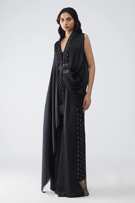 Buy Amit Aggarwal Black Satin, Chiffon, Polyester Embroidery, Zari V-neck Banarasi Cape And Pant Set Online at Aza Fashions Buy_Amit Aggarwal_Black Satin, Chiffon, Polyester Embroidery, Zari V-neck Banarasi Cape And Pant Set _Online_at_Aza_Fashions