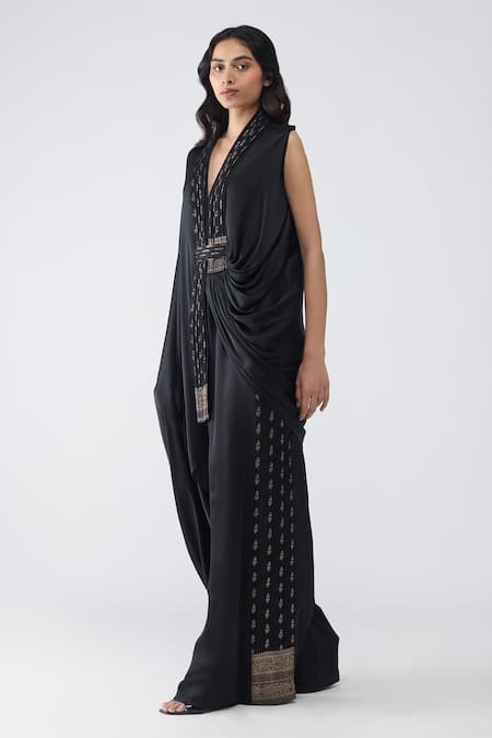 Shop Amit Aggarwal Black Satin, Chiffon, Polyester Embroidery, Zari V-neck Banarasi Cape And Pant Set Online at Aza Fashions Shop_Amit Aggarwal_Black Satin, Chiffon, Polyester Embroidery, Zari V-neck Banarasi Cape And Pant Set _Online_at_Aza_Fashions