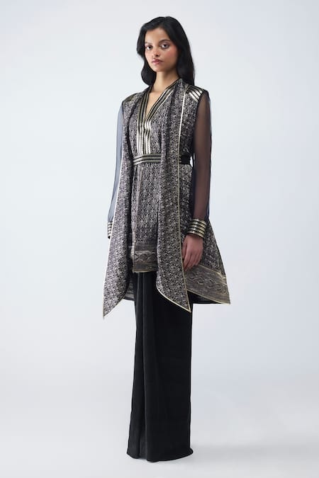 Amit Aggarwal Black Brocade, Polyester, Silk, Chiffon Metallic Banarasi Long Shirt And Pant Set Online at Aza Fashions Amit Aggarwal_Black Brocade, Polyester, Silk, Chiffon Metallic Banarasi Long Shirt And Pant Set _Online_at_Aza_Fashions