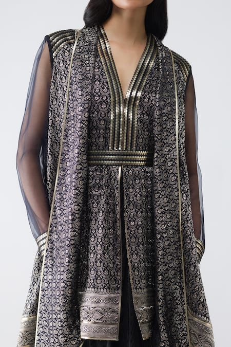 Buy Amit Aggarwal Black Brocade, Polyester, Silk, Chiffon Metallic Banarasi Long Shirt And Pant Set Online at Aza Fashions Buy_Amit Aggarwal_Black Brocade, Polyester, Silk, Chiffon Metallic Banarasi Long Shirt And Pant Set _Online_at_Aza_Fashions