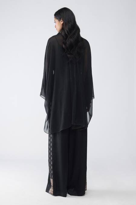 Amit Aggarwal_Black Chiffon, Polyester V-neck Banarsi Micro Pleated Cape Pant Set _Online_at_Aza_Fashions