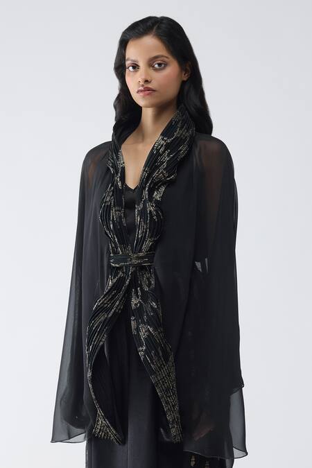 Shop_Amit Aggarwal_Black Chiffon, Polyester V-neck Banarsi Micro Pleated Cape Pant Set _Online_at_Aza_Fashions