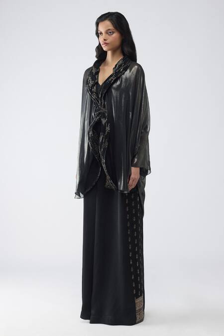 Amit Aggarwal_Black Chiffon, Polyester V-neck Banarsi Micro Pleated Cape Pant Set _at_Aza_Fashions