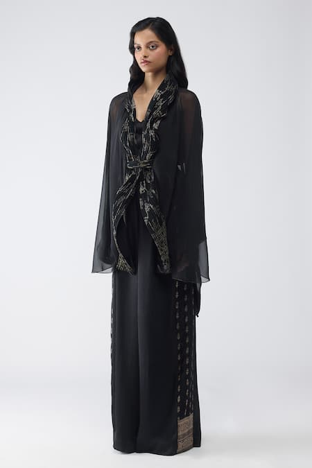 Buy_Amit Aggarwal_Black Chiffon, Polyester V-neck Banarsi Micro Pleated Cape Pant Set 