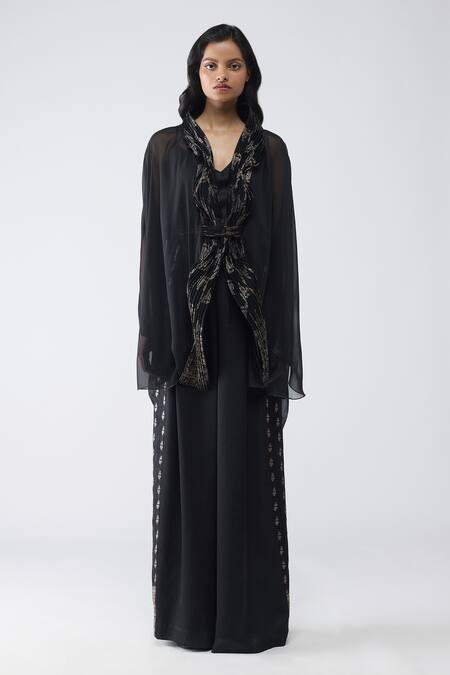 Shop_Amit Aggarwal_Black Chiffon, Polyester V-neck Banarsi Micro Pleated Cape Pant Set 