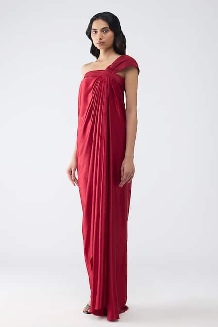 Amit Aggarwal_Maroon Satin, Chiffon, Polyester Off-shoulder Off Corded Dress _Online_at_Aza_Fashions