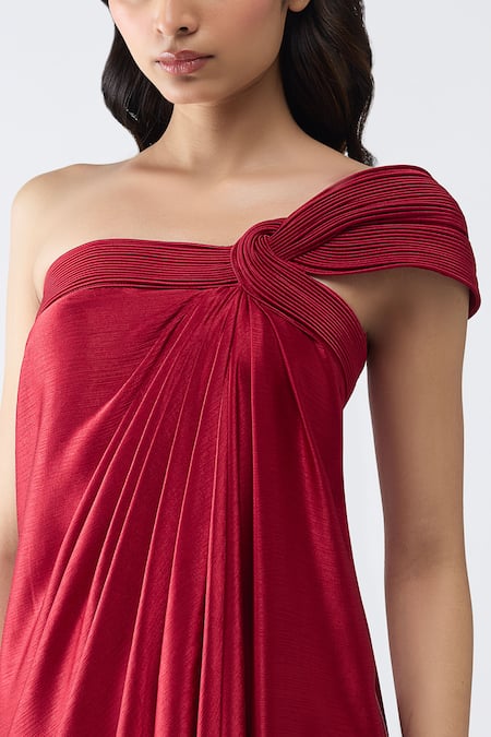 Buy_Amit Aggarwal_Maroon Satin, Chiffon, Polyester Off-shoulder Off Corded Dress _Online_at_Aza_Fashions
