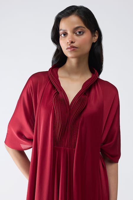 Amit Aggarwal_Maroon Satin, Chiffon, Polyester V-neck, Collared Micro Pleated Kaftan Dress _Online_at_Aza_Fashions