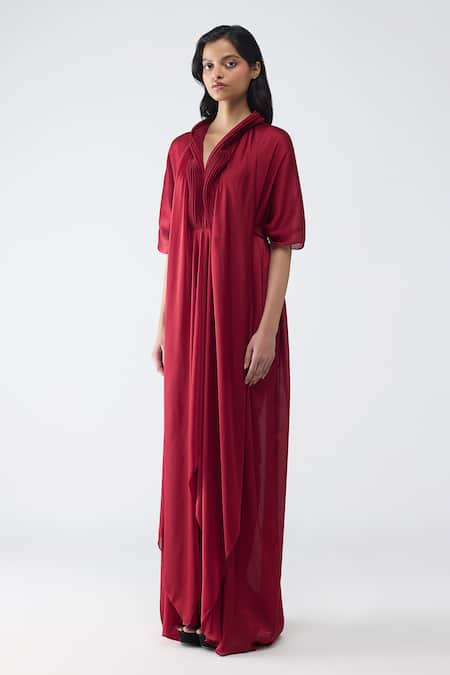 Buy_Amit Aggarwal_Maroon Satin, Chiffon, Polyester V-neck, Collared Micro Pleated Kaftan Dress _Online_at_Aza_Fashions
