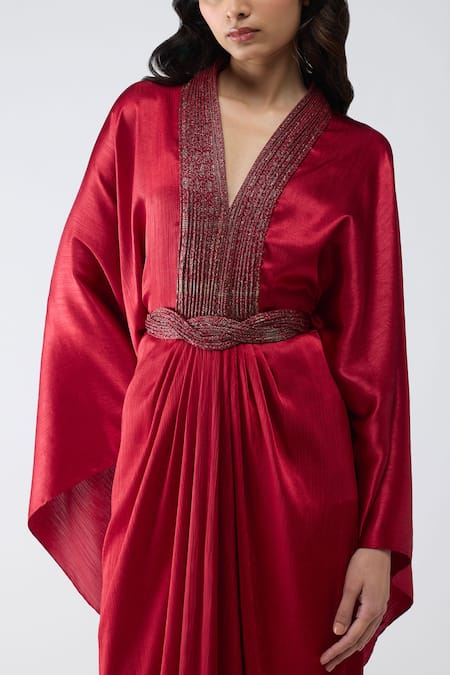 Amit Aggarwal Maroon Satin, Chiffon, Brocade, Polyester Metallic Banarasi Fluid Kaftan Dress Online at Aza Fashions Amit Aggarwal_Maroon Satin, Chiffon, Brocade, Polyester Metallic Banarasi Fluid Kaftan Dress _Online_at_Aza_Fashions