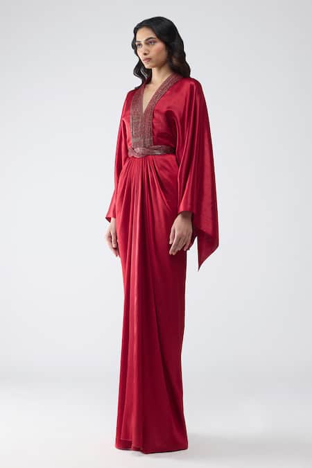 Buy Amit Aggarwal Maroon Satin, Chiffon, Brocade, Polyester Metallic Banarasi Fluid Kaftan Dress Online at Aza Fashions Buy_Amit Aggarwal_Maroon Satin, Chiffon, Brocade, Polyester Metallic Banarasi Fluid Kaftan Dress _Online_at_Aza_Fashions