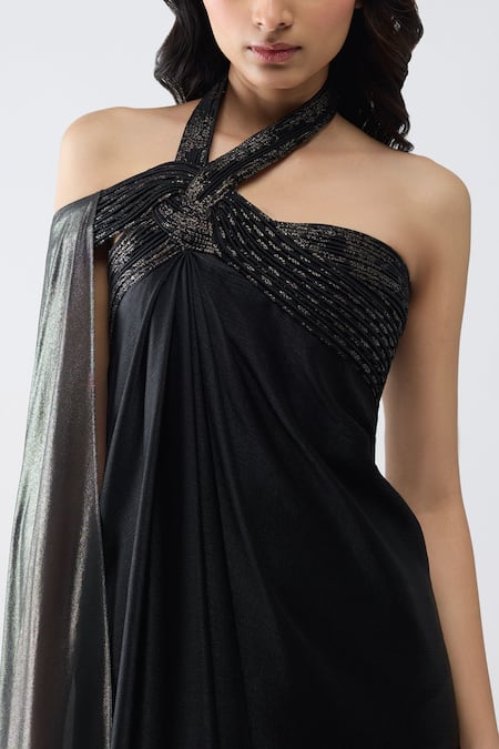 Amit Aggarwal_Black Satin, Chiffon, Polyester Metallic Thread, Embroidery Banarasi Dress _Online_at_Aza_Fashions