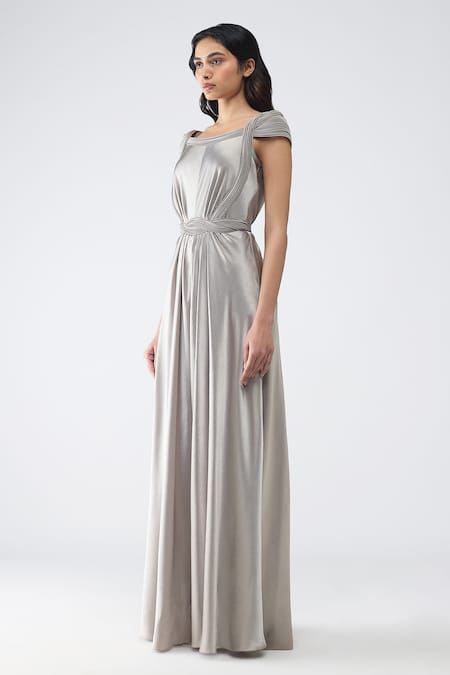 Amit Aggarwal Silver Satin, Chiffon, Polyester Square Neck Micro Pleated Jumpsuit Online at Aza Fashions Amit Aggarwal_Silver Satin, Chiffon, Polyester Square Neck Micro Pleated Jumpsuit _Online_at_Aza_Fashions