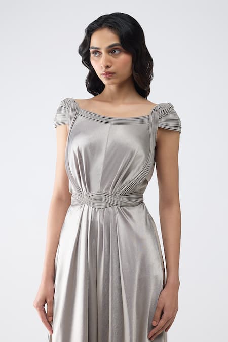 Buy Amit Aggarwal Silver Satin, Chiffon, Polyester Square Neck Micro Pleated Jumpsuit Online at Aza Fashions Buy_Amit Aggarwal_Silver Satin, Chiffon, Polyester Square Neck Micro Pleated Jumpsuit _Online_at_Aza_Fashions