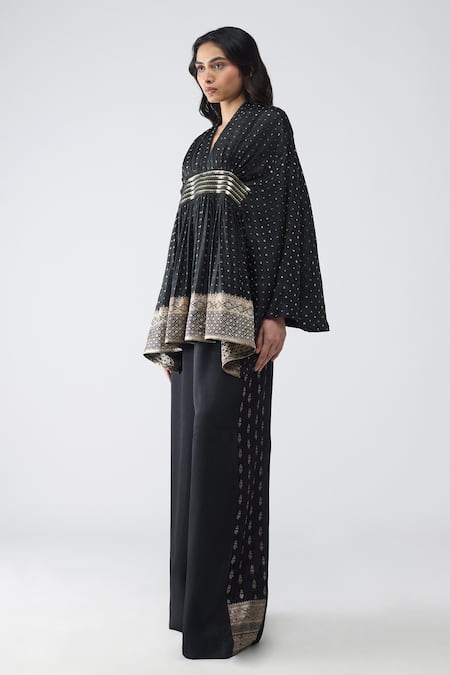 Amit Aggarwal_Black Satin, Chiffon, Brocade, Polyester, Silk Banarasi Kaftan And Pant Set _Online_at_Aza_Fashions