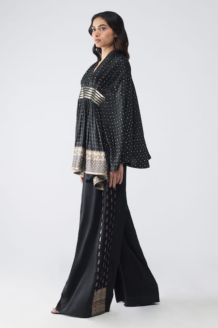 Shop_Amit Aggarwal_Black Satin, Chiffon, Brocade, Polyester, Silk Banarasi Kaftan And Pant Set _Online_at_Aza_Fashions
