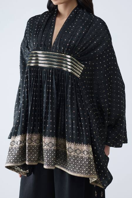 Amit Aggarwal_Black Satin, Chiffon, Brocade, Polyester, Silk Banarasi Kaftan And Pant Set _at_Aza_Fashions
